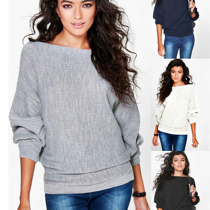 Female Autumn Sweaters Solid Color Bat Sleeve Knitted Casual Loose Pullovers for Women