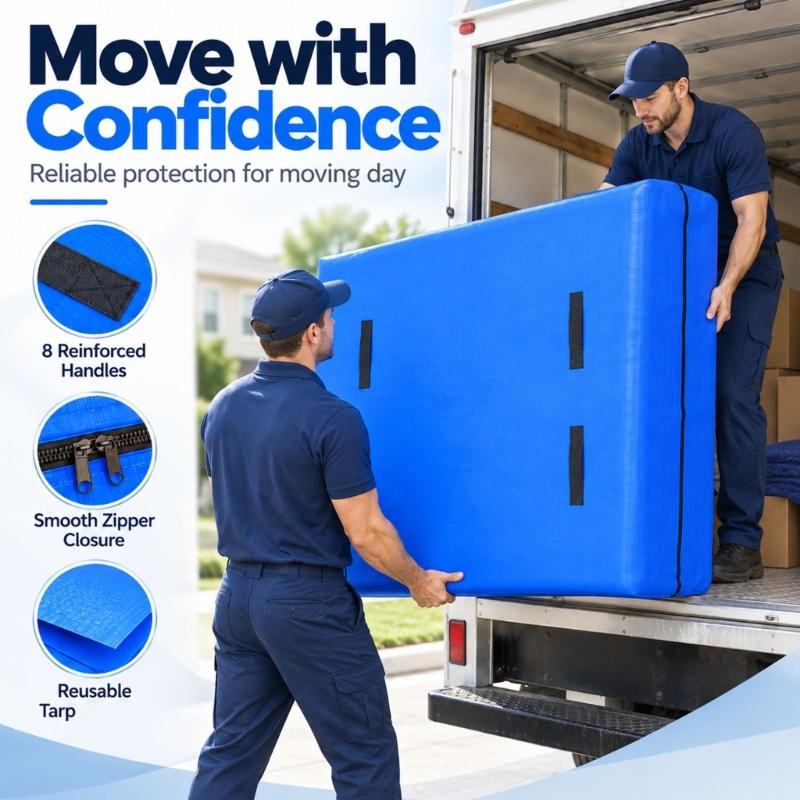 Mattress Cover Bag with Multiple Carry Handles for Moving, Transport, and Temporary Storage with Bag Closure Design