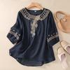 Women Summer Embroidered Round Neck Linen Cotton Blouse