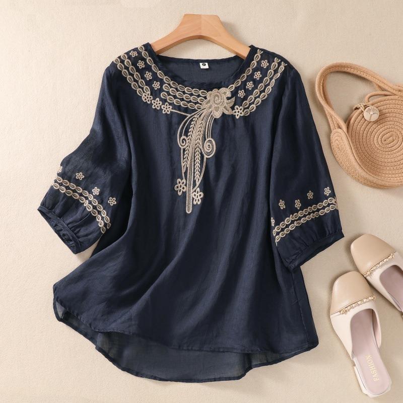 Women Summer Embroidered Round Neck Linen Cotton Blouse