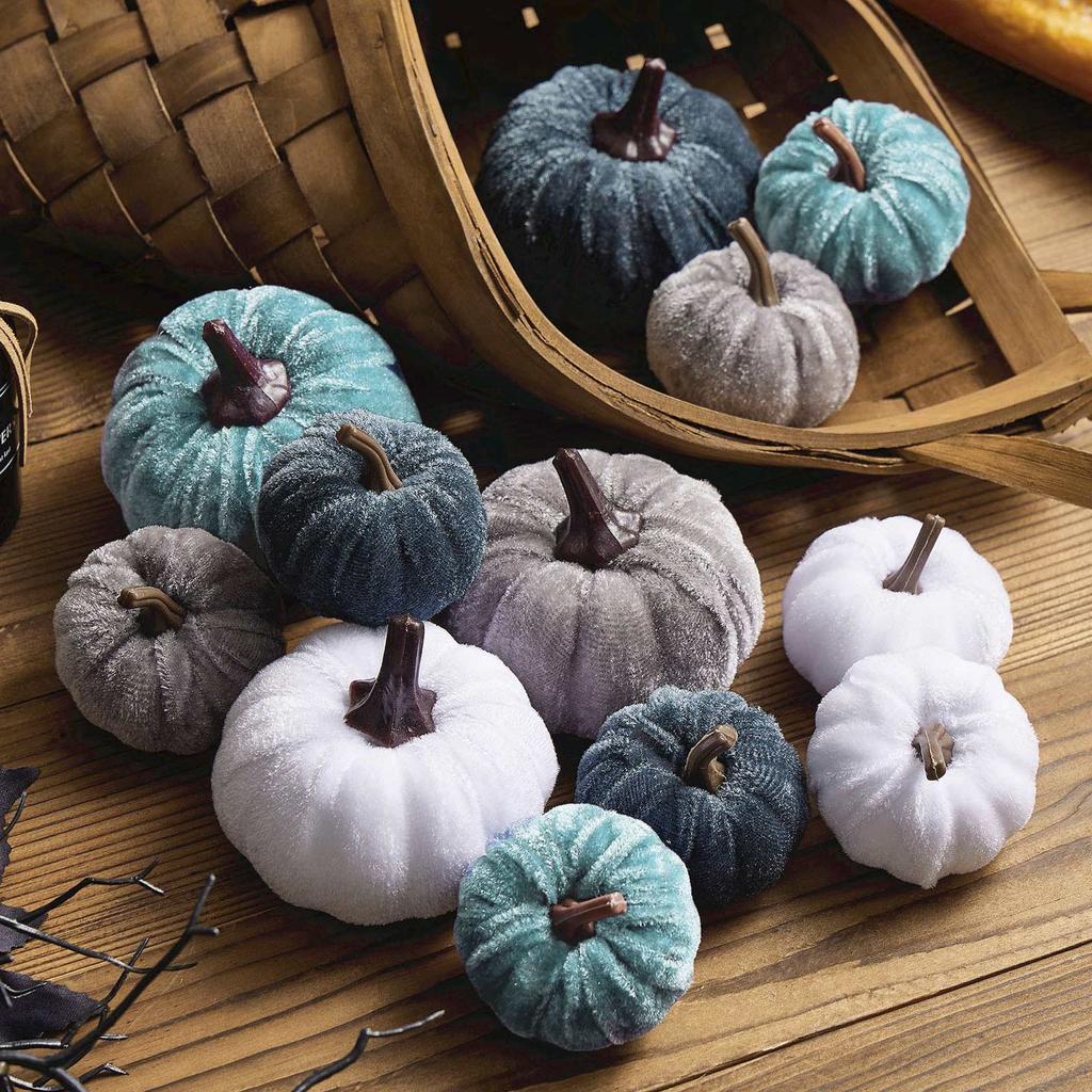 Decor 12pcs Artificial Fake Velvet Pumpkins Decoration For Fall Home Thanksgiving Decorative