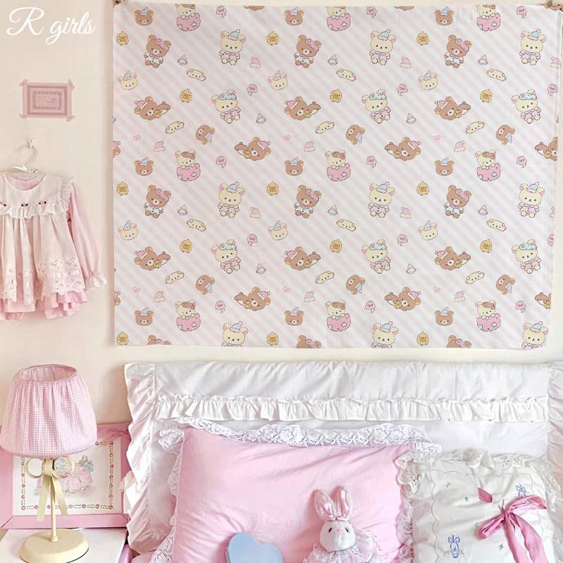 Cute Cartoon Bear Tapestry Pink Striped Wall Hanging for Kawaii Bedroom Decor Background Cloth