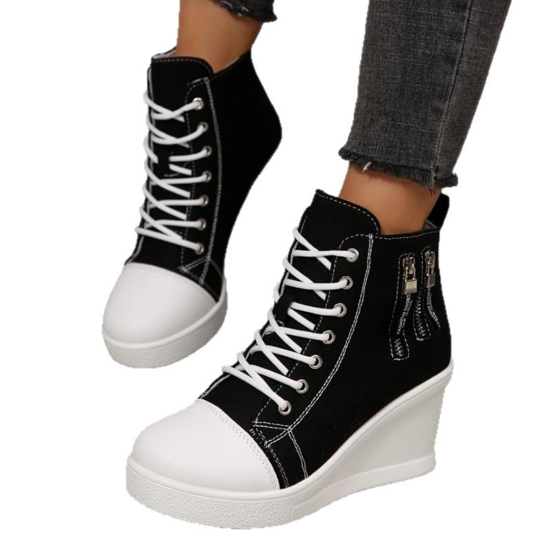 2025 Canvas Shoes for Women Height Increase Season's Thick Soled Casual Ankle Boots Versatile Women Heeled Sneakers Ladies Shoes