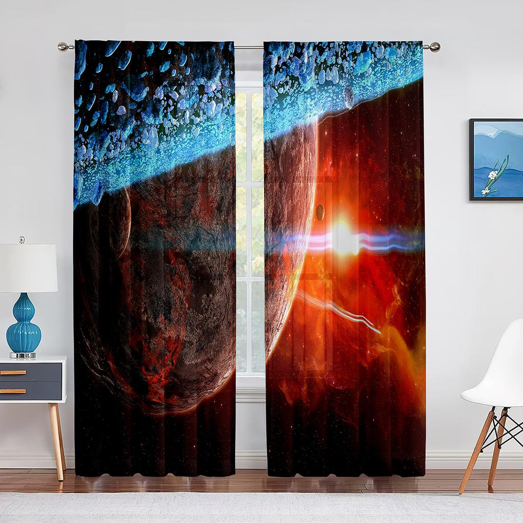 Solar System Outer Space Sheer Voile Curtain for Living Room Bedroom Decor Planet Galaxy Glitter Fantasy Window Tulle Curtains