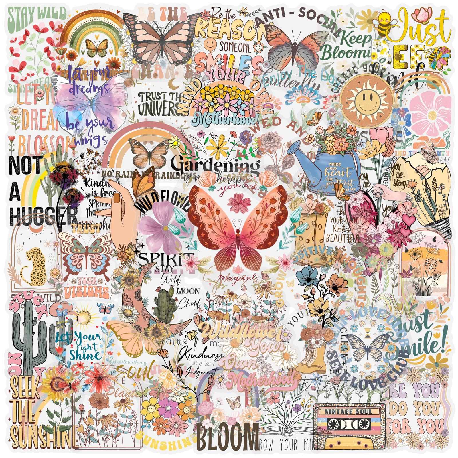 50PCS Retro Bohemian Floral  Butterfly Waterproof PET Stickers for Journals