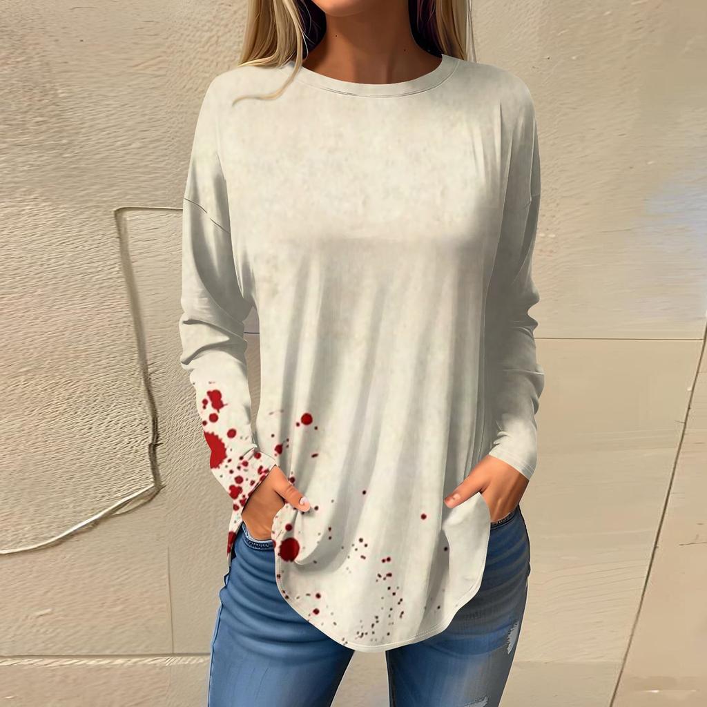 Women's Loose Round Neck  Print Long Sleeve T-Shirt Top Pullover