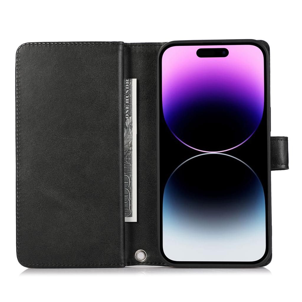For iPhone 15 Pro Split Leather Stand Cover Multiple Card Slots Wallet Phone Case with Strap