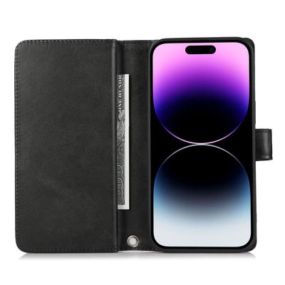 Für iPhone 15 Spaltleder Brieftasche Handyhülle Ständer Mehrere Kartenfächer Handschlaufe Magnetverschluss Hülle