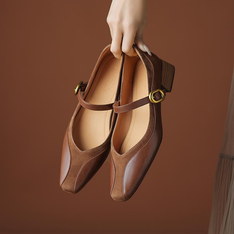 Fashion Women Shoes Pumps Genuine Leather Buckle Strap Thick Mid Heels Shoes Ins Spring 2025 Spring New Vintage Office Dress Size 34-40