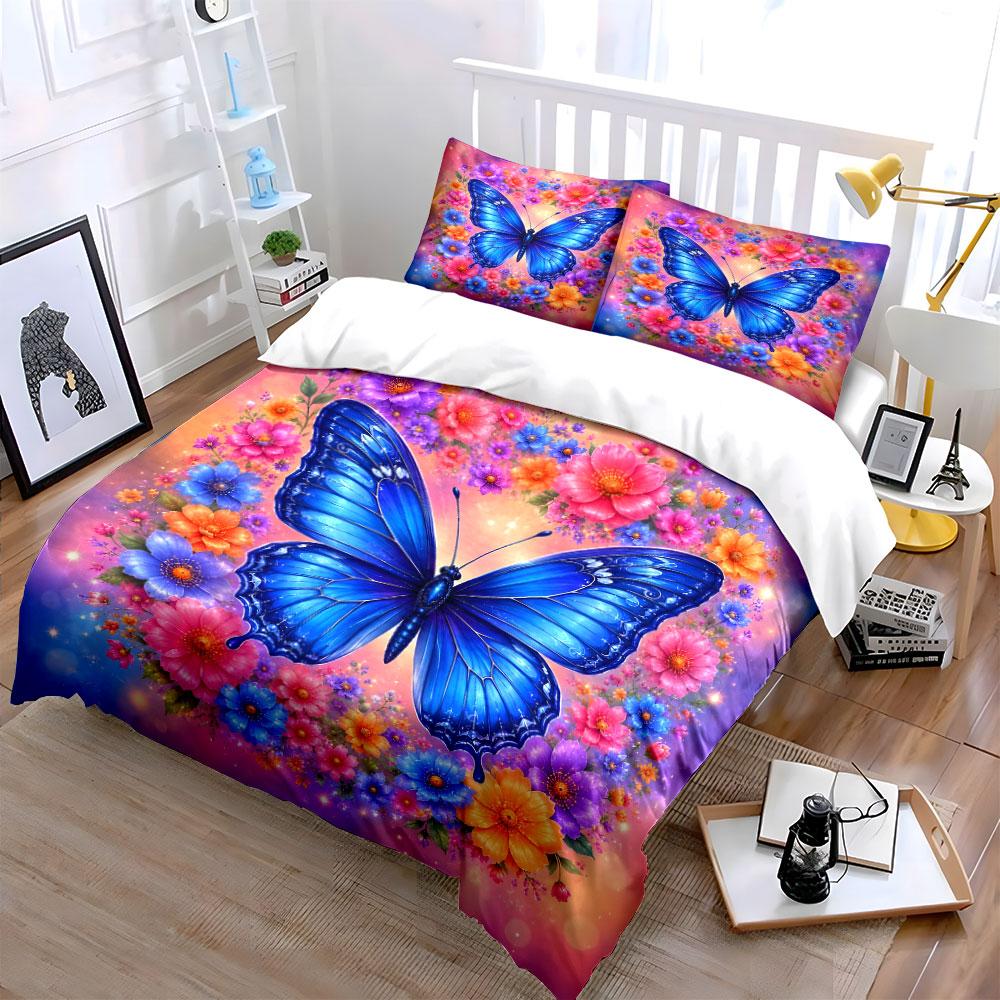 Set Biancheria da Letto con Stampa Farfalla Blu e Ghirlanda Floreale 1 Copripiumino 2 Federe per Adulti e Bambini Regalo di Lusso Misura Matrimoniale