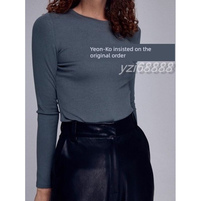 Russian Single Fall and Winter Plaid Elastic Slim Fit Slim Looking Pure Color All-Matching round Neck Long Sleeve Bottoming Top Women