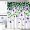 Lila Blumen Duschvorhang Grüne Blätter Ranken Schmetterling Rustikal Bauernhaus Blumenpflanzen Frühling Natur Badezimmer Dekoration Polyester