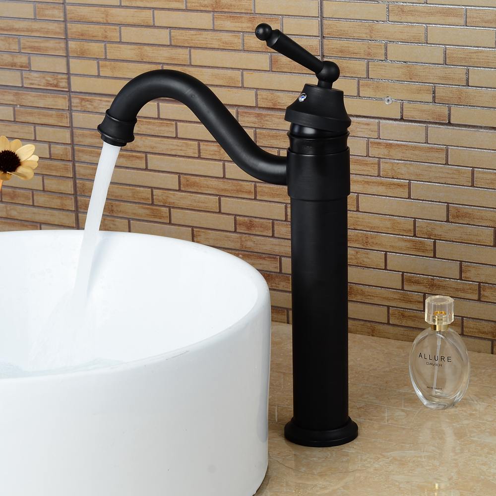 

Black Faucets Tall Bathroom Vessel Sink Faucet Hot Cold Water Crane Oil Rubble Bronze Finished Deck Mounted ELF5002B
