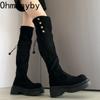 Vintage Platform Thick Heel Women Over The Knee High Boots Fashion Double Fold Wearing Mordern Long Botas Para Mujer