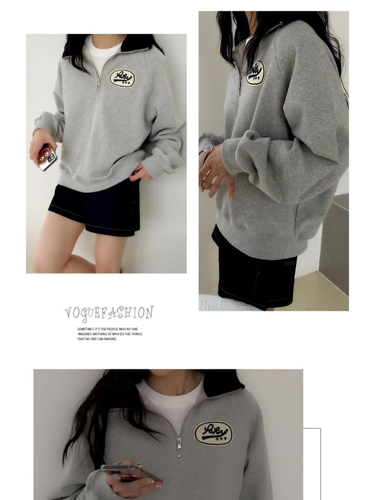 Women's Retro Half-Zip Polo Sweatshirt - Petite, Loose Fit, Korean Style, Spring/Autumn 2025