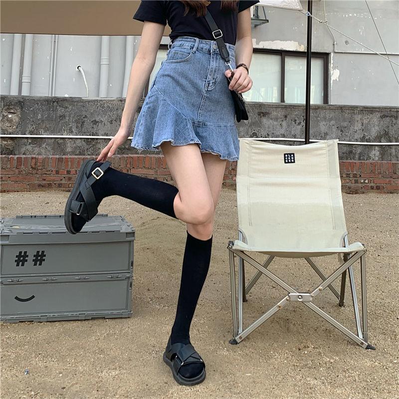 Denim Skirt Ladies Short Fishtail Retro High Waist Ruffled Hip A-line Skirt