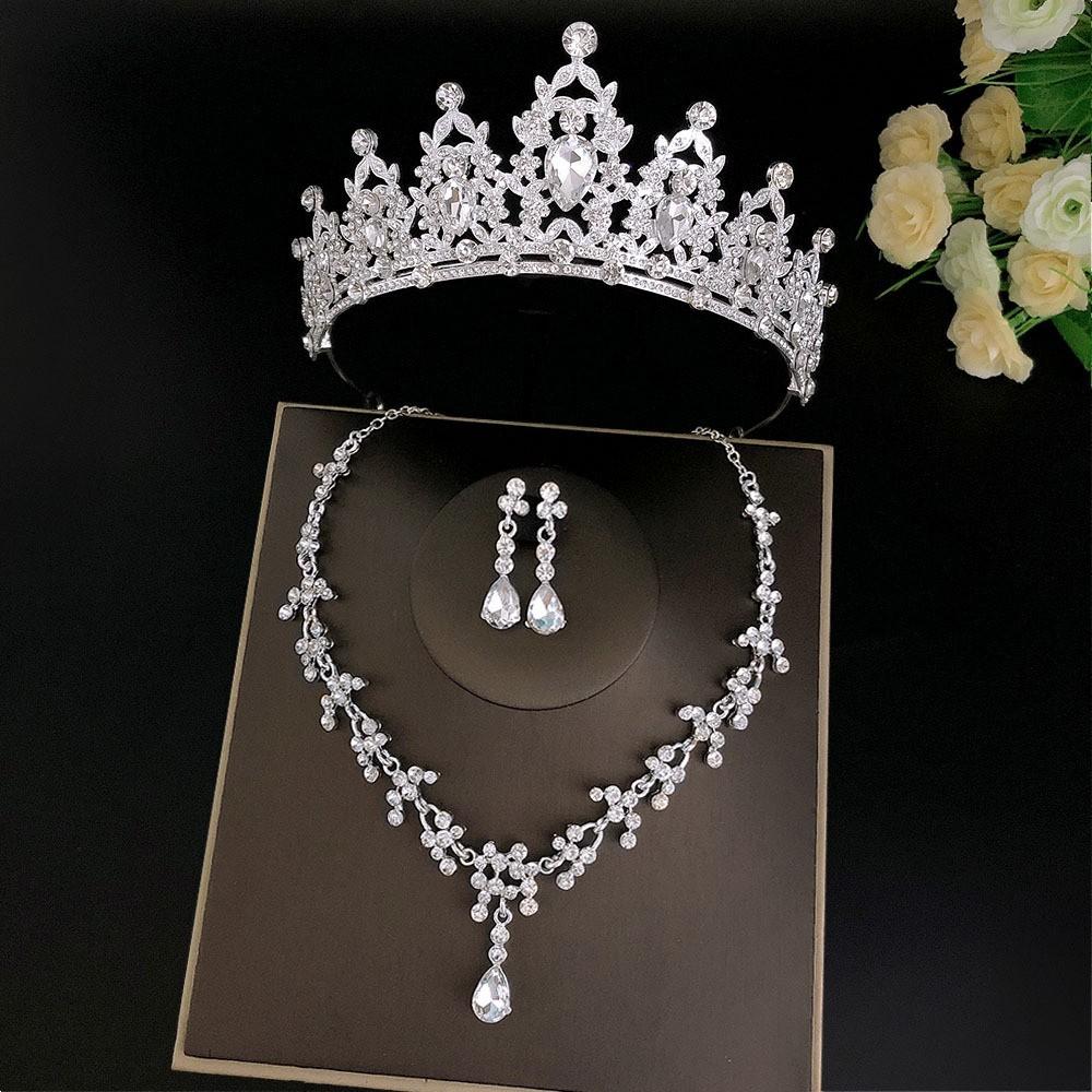 Neues Brautdiadem Krone Dreiteiliges Set Hochzeitskette Ohrringe Strass-Set Europäische und Amerikanische Hochzeitsaccessoires black