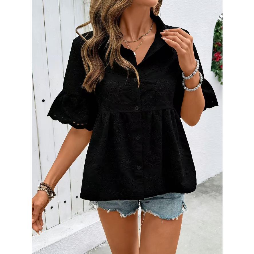 Damenmode, lässig, Sommer, Frühling, einfarbig, kurzärmelig, Polo-Ausschnitt, Blusen und Hemden