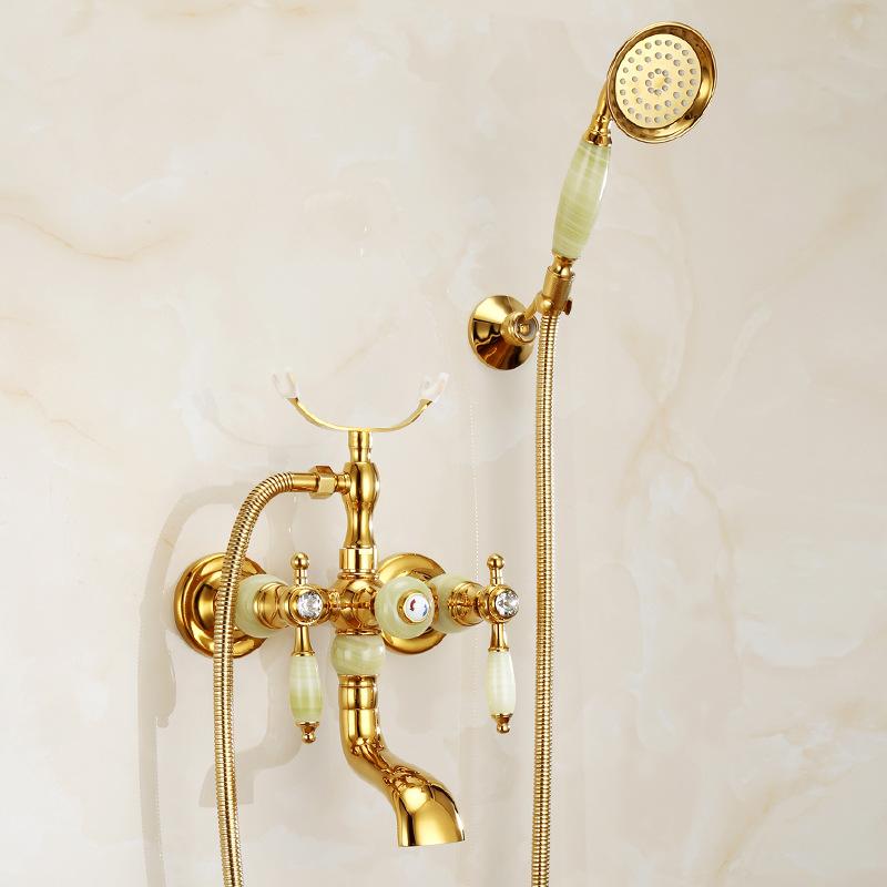 

Настенный Золотой Смеситель для Ванны и Душа Смеситель для Ванны С Ручным Душем Ручка из Жадеита Двойные Ручки Смеситель Горячей и Холодной Воды