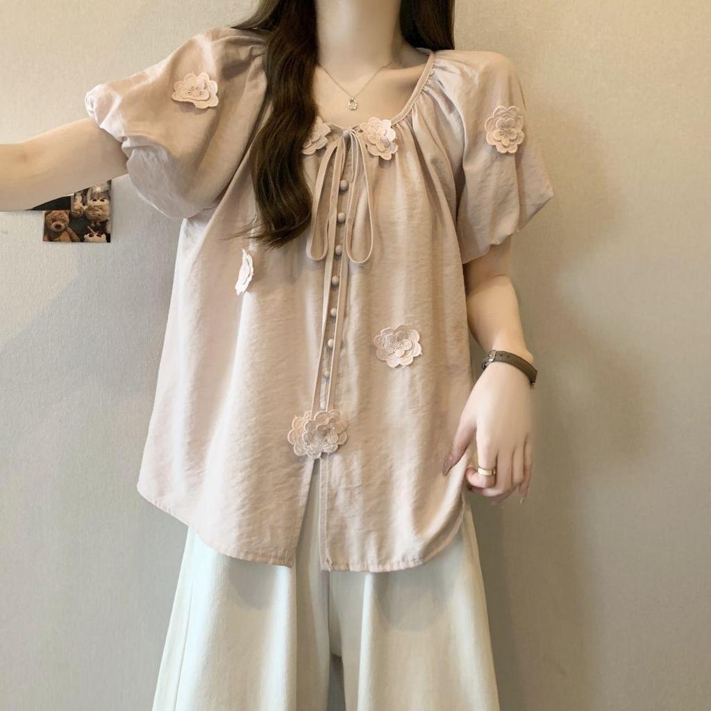 2025 Summer Slimming Plus Size Women's Top with 3D Floral Embroidery and Short Sleeves