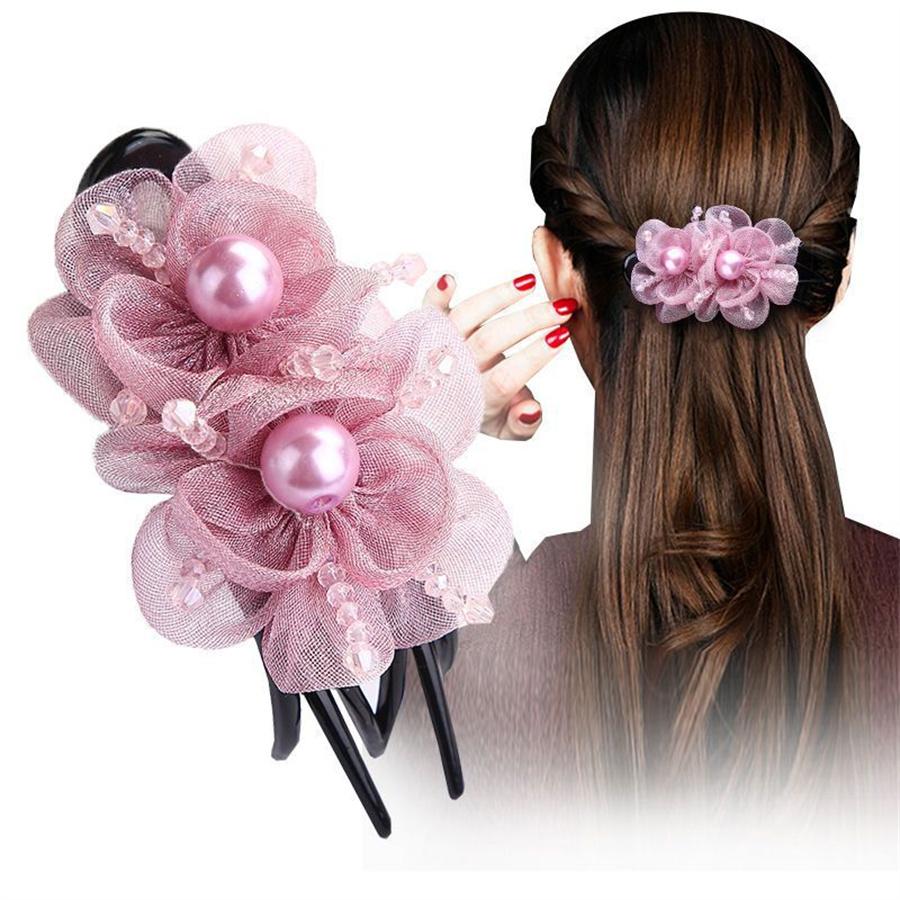 New fashionable Korean silk floral duckbill clip for women retro temperament pearl back head hair clip hair accessories gift