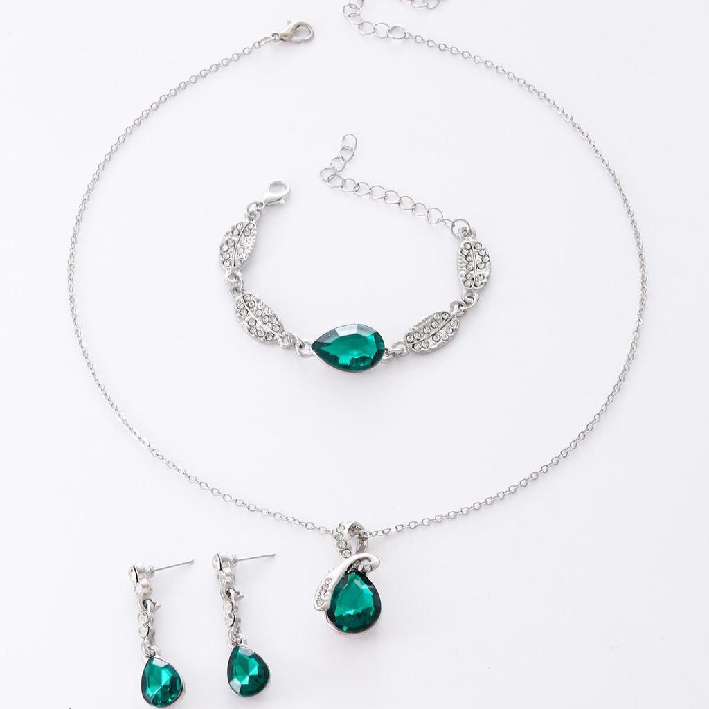 Elegante conjunto de joyas con forma de gota de agua.: Pulsera, collar y pendientes de hojas de diamantes para mujer, colección de 3 piezas