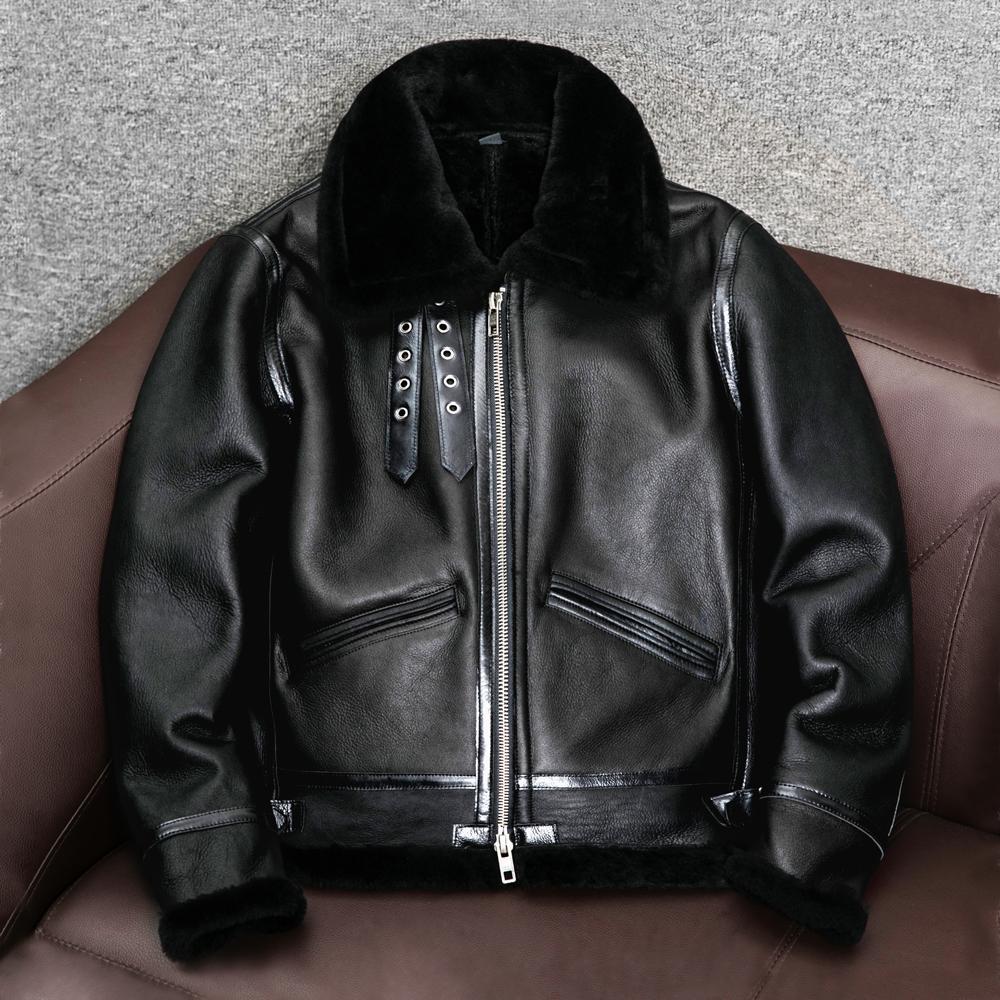 Genuine Leather Sheepskin Jacket Men Oversize Biker Coat with Lambswool Lining
