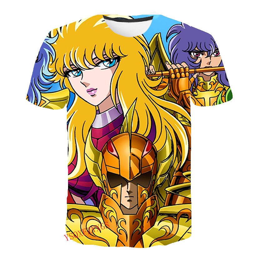 Verão Cavaleiro de Ouro Novo 3D Estampa Harajuku HD Masculino Gola Redonda Manga Curta Moda Infantil Camiseta Desenho Animado Top Casual
