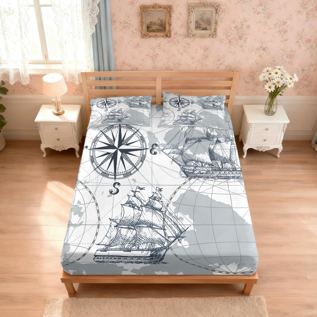 

Набор из 3 простыней без наволочек с принтом компаса, многоразмерный чехол для кровати в спальню, общежитие, машинная стирка 90x191