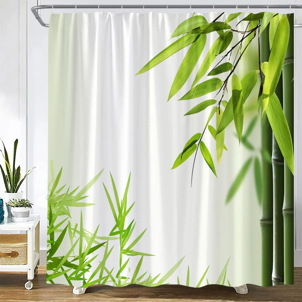Zen Green Bamboo Shower Curtain Pink Flower Plant Black Stone Spa Garden Scenery Wall Hanging Fabric Bathroom Decor Curtains S