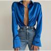 Damen 2023 Elegant Satin Einfarbig Langarm Blusen Damen Chic Vintage Blau Grün Lässig Locker Sitzend Knöpfe Hemden Oberteile