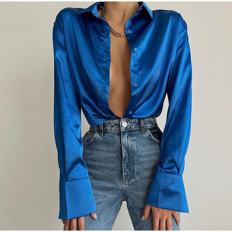 Damen 2023 Elegant Satin Einfarbig Langarm Blusen Damen Chic Vintage Blau Grün Lässig Locker Sitzend Knöpfe Hemden Oberteile