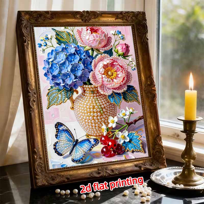DIY Pearl Painting Canvas Floral Butterfly Design Shiny 3D Bead Art Kit Creative Leisure Craft for Living Room Wall Decor
