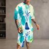 Men Plus Size Round Neck Short Sleeve Yellow Brown Red Printed Tie Dye Two Piece Shorts Set