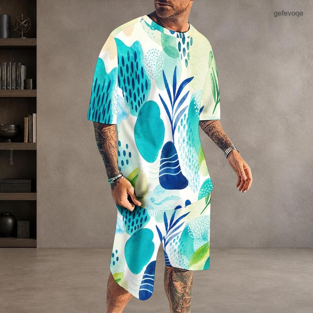Men Plus Size Round Neck Short Sleeve Yellow Brown Red Printed Tie Dye Two Piece Shorts Set