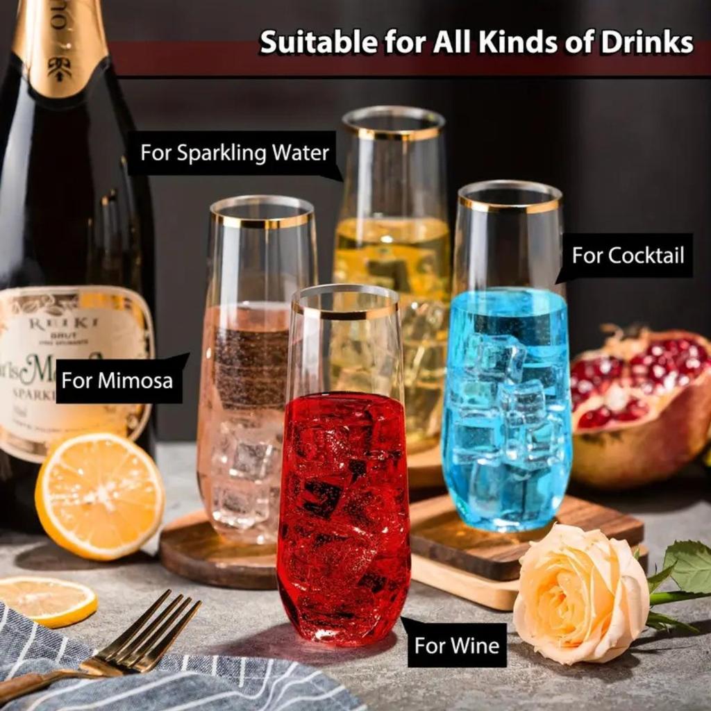 9oz PET Gold Rim Disposable Plastic Wine Glass - Creative Champagne & Red Wine High Stem Glass