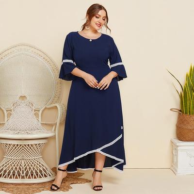Primavera outono plus size feminino renda costura em torno do pescoço meados de manga cor sólida vestido solto XL-4XL