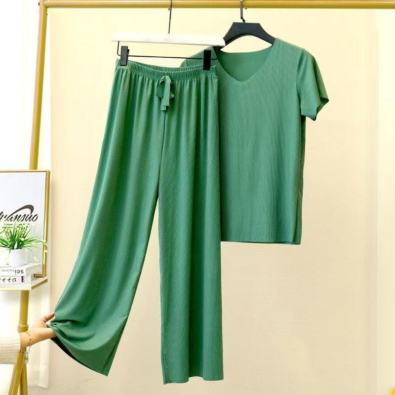 

2 шт./компл. женские пижамы бесшовные ледяной шелк с круглым вырезом и коротким рукавом сплошной цвет с эластичной резинкой на талии и широкими штанинами свободные мягкие дышащие домашние комплекты с верхом и брюками XXXXL темно-зеленого