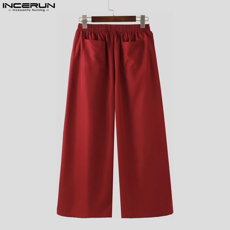INCERUN Men Casual Elastic Waist Solid Wide Legs Pants Long Trousers with Pockets