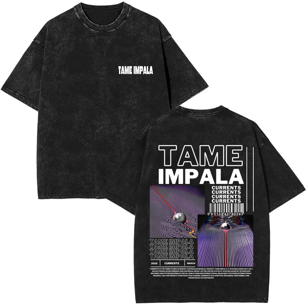 VintageWashed  Pop Rock Band Tame Impala Currents Graphic Print T Shirts Men Women Casual Cotton Oversized Short Sleeve Tshirt