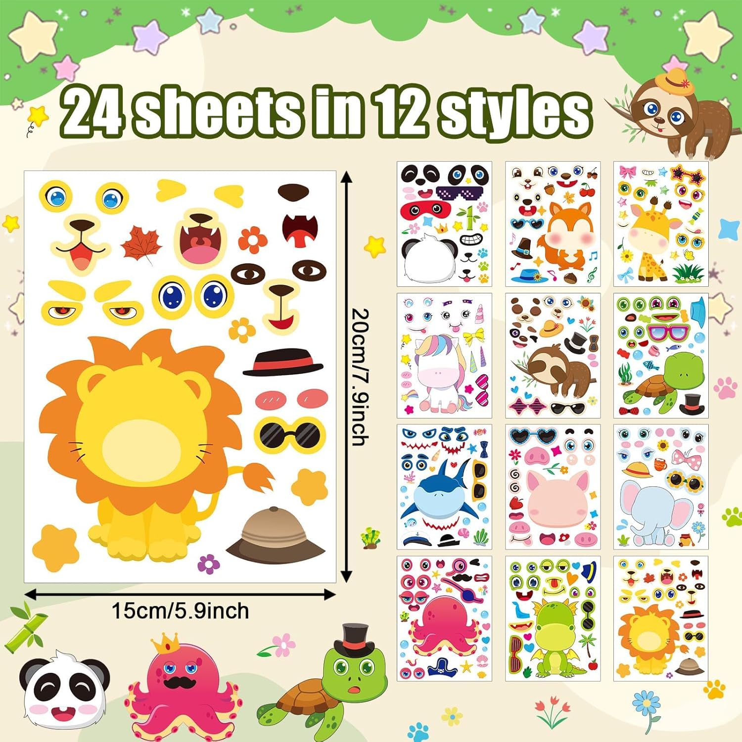JULMELON 24 листа Наклейки Сделай лицо для детей, Сделай свои собственные наклейки с животными, Классные листы наклеек Фэнтези Животные Смешивай и сочетай для мальчиков и девочек