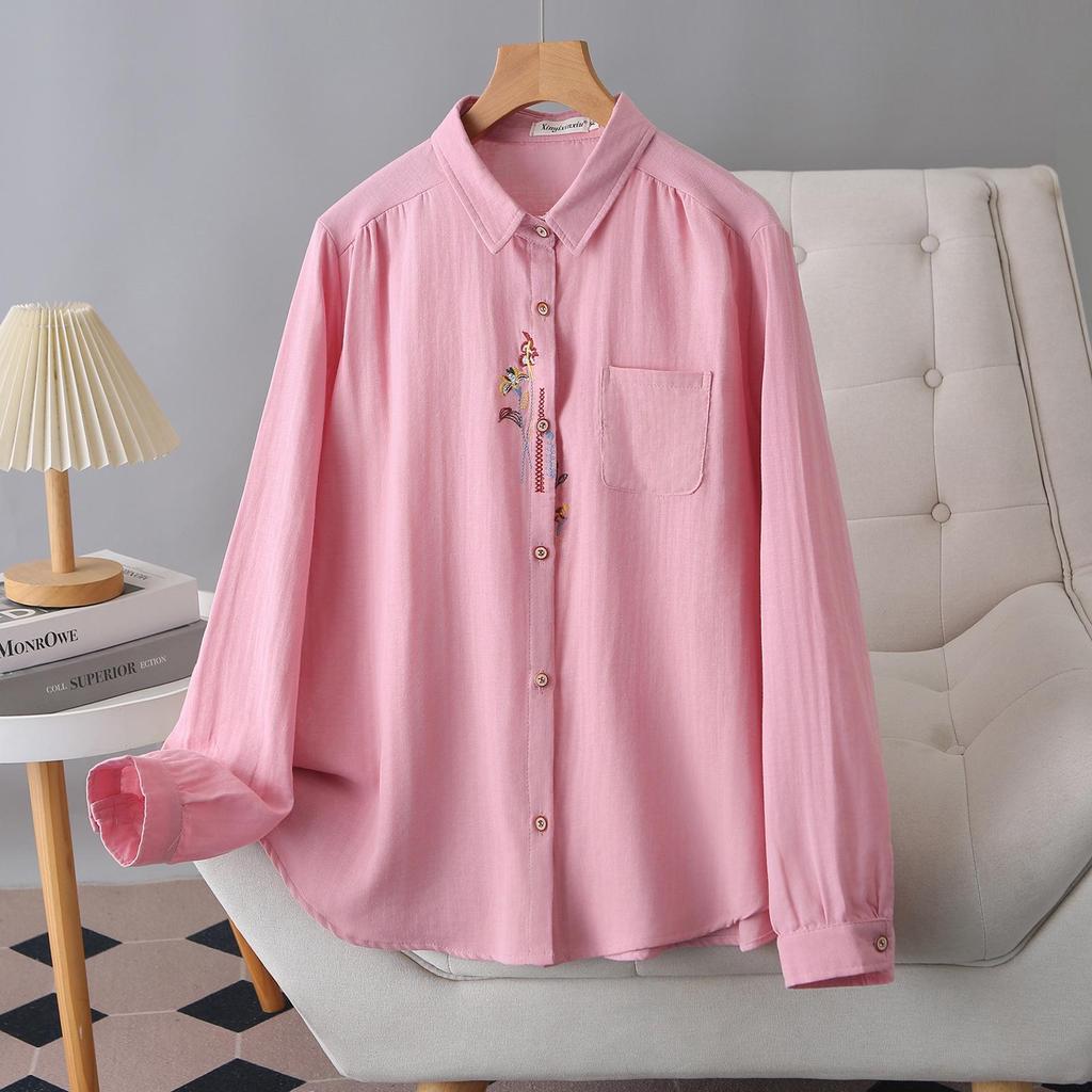 2026 Spring Plus Size Women's Long Sleeve Embroidered Cotton Cardigan Shirt for Curvy Women