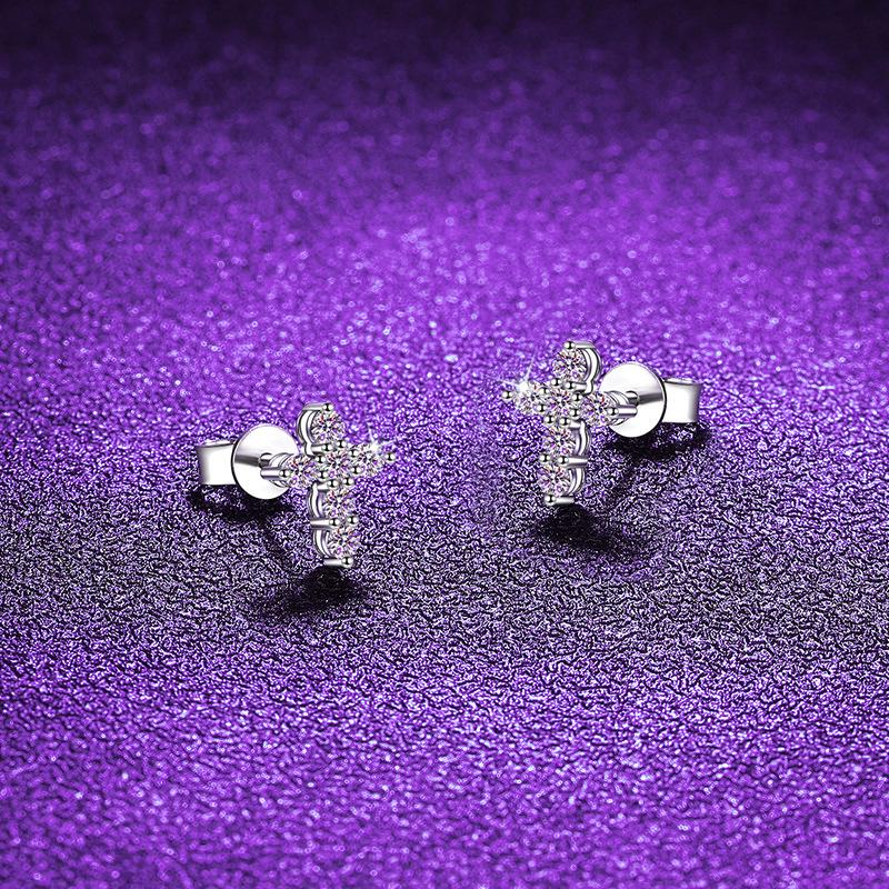 Unisex Moissanite Inlay 925 Sterling Silver Cross Stud Earrings - Street Style & Personality