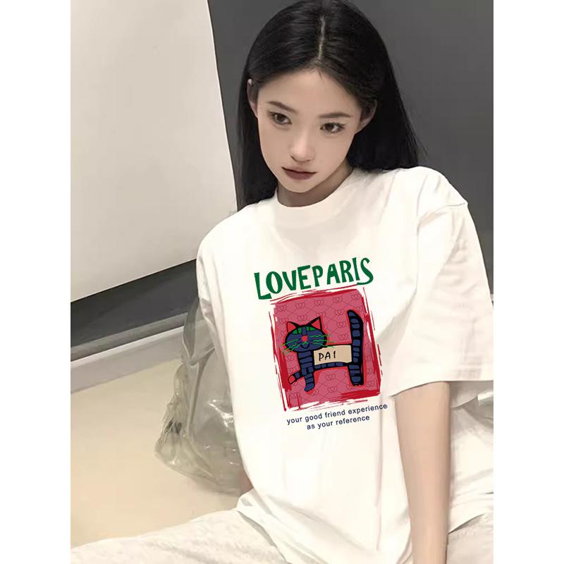 

Large size fat mm short-sleeved T-shirt women s summer new American trendy brand ins retro half-sleeved loose cartoon cat top M белый