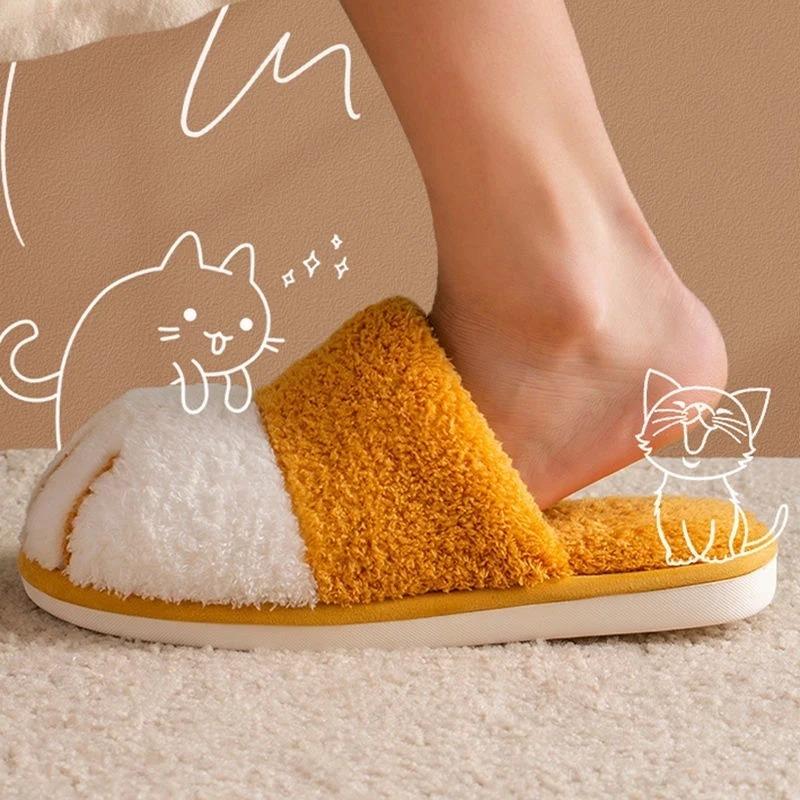 Winter Cute Cat Paw Designer House Women Fur Slippers Floor Mute Bedroom Lovers Warm Plush Shoes Indoor Fluffy Slides