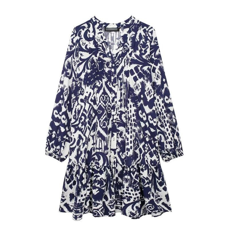 European American Women s Clothing Retro National Print Long-sleeved Round Neck Short Dress XS чёрный