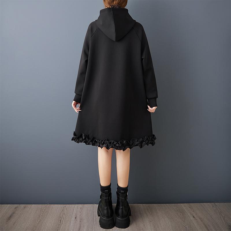 DIMANAF 2025 Women Plus Size Autumn Shirt Dress Long Sleeve Hooded Loose Casual Oversize Vintage Dress Black