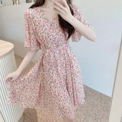 Fashion Sweet Summer New Women's Patchwork Printed Waist Retraction Drawstring V-neck Short Sleeve Fairycore A-line Floral Dress