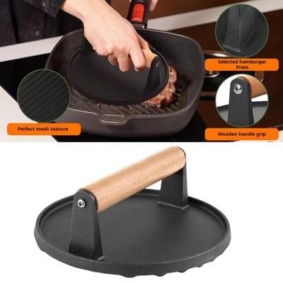 Fleischpresse zum Grillen, runde Speckpresse aus Gusseisen, rechteckige Burgerpresse mit Holzgriff