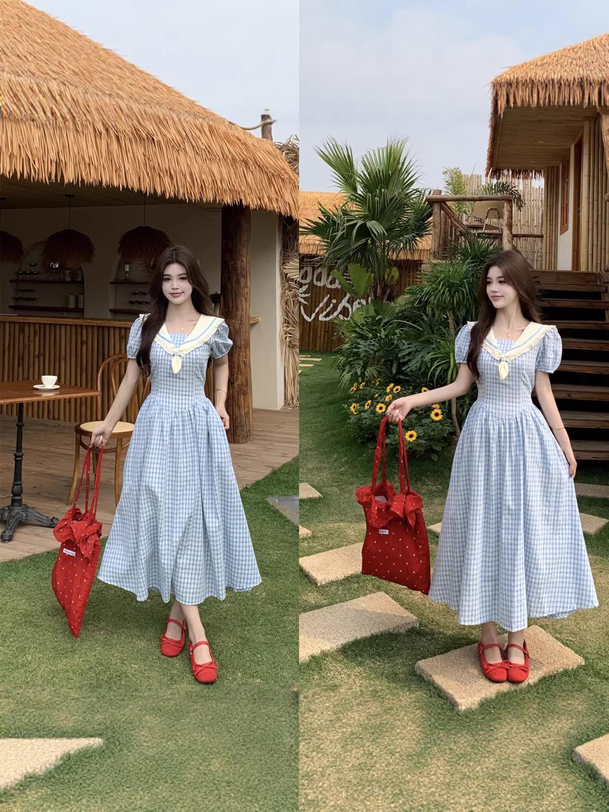 

Plus Size Sailor Collar Plaid Dress for Women - French Summer Style XL синий